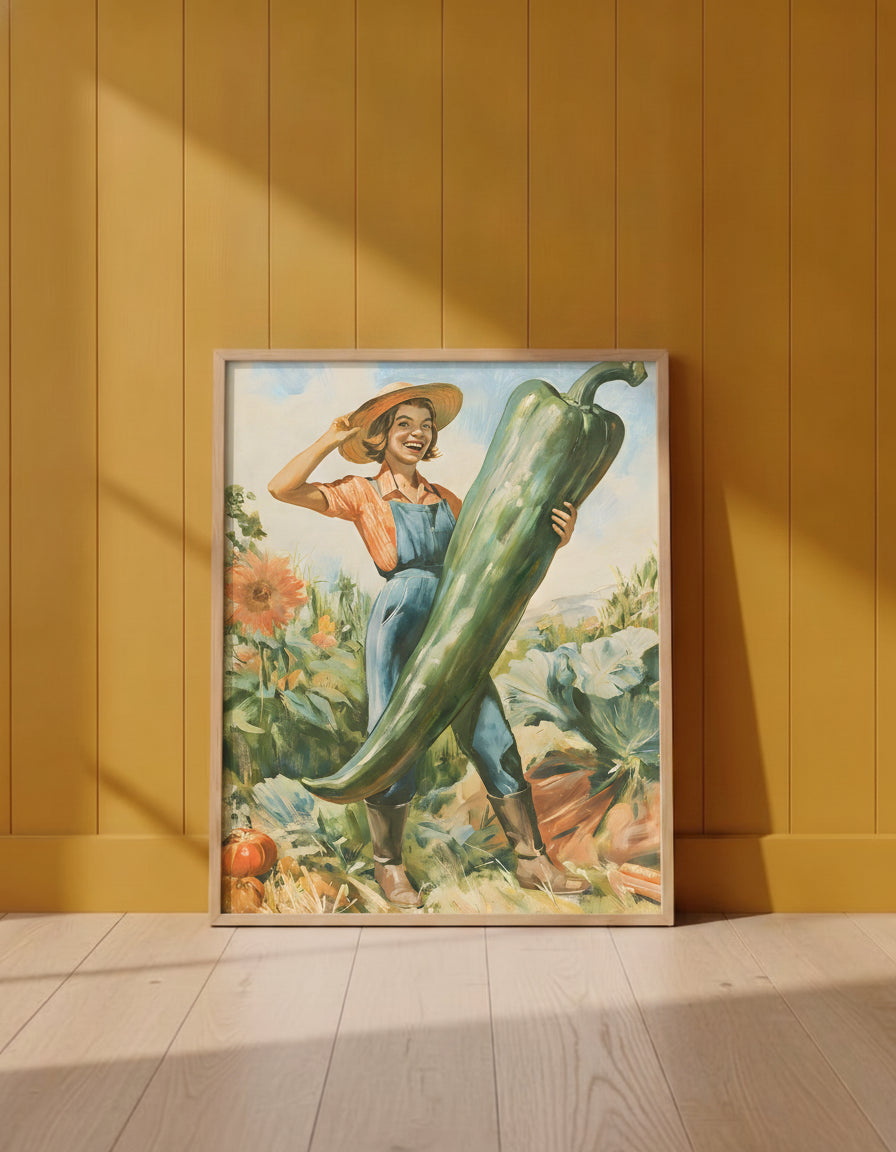 Vintage Farmer Woman Garden Art art print shown in a yellow wall setting