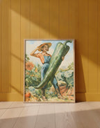 Vintage Farmer Woman Garden Art art print shown in a yellow wall setting