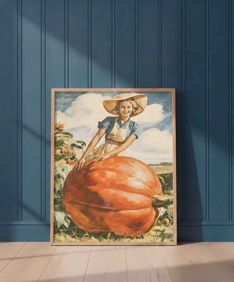 Vintage Farmwoman Giant Pumpkin Art art print shown in a blue 1 setting