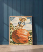 Vintage Farmwoman Giant Pumpkin Art art print shown in a blue 1 setting
