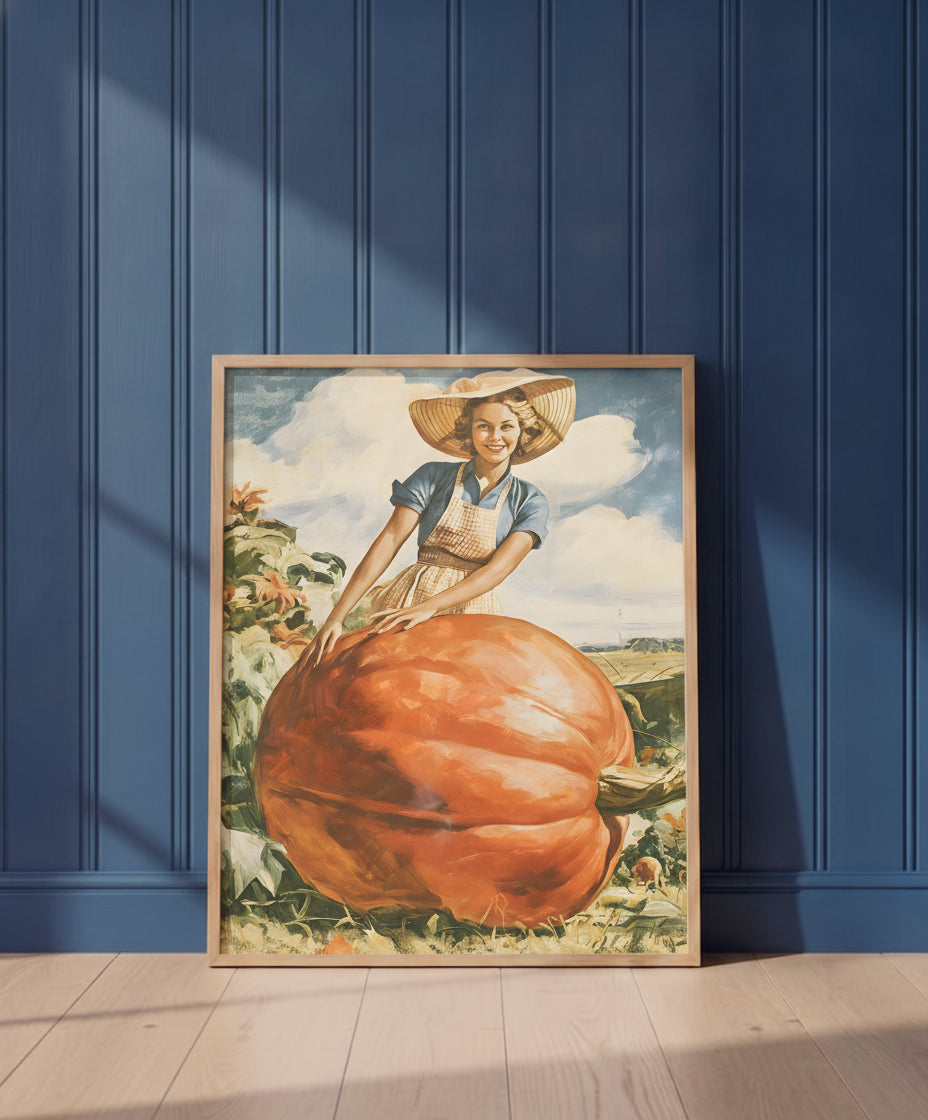 Vintage Farmwoman Giant Pumpkin Art art print shown in a blue wall paneled setting
