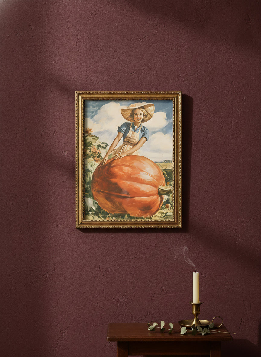 Vintage Farmwoman Giant Pumpkin Art art print shown in a burgundy brass setting
