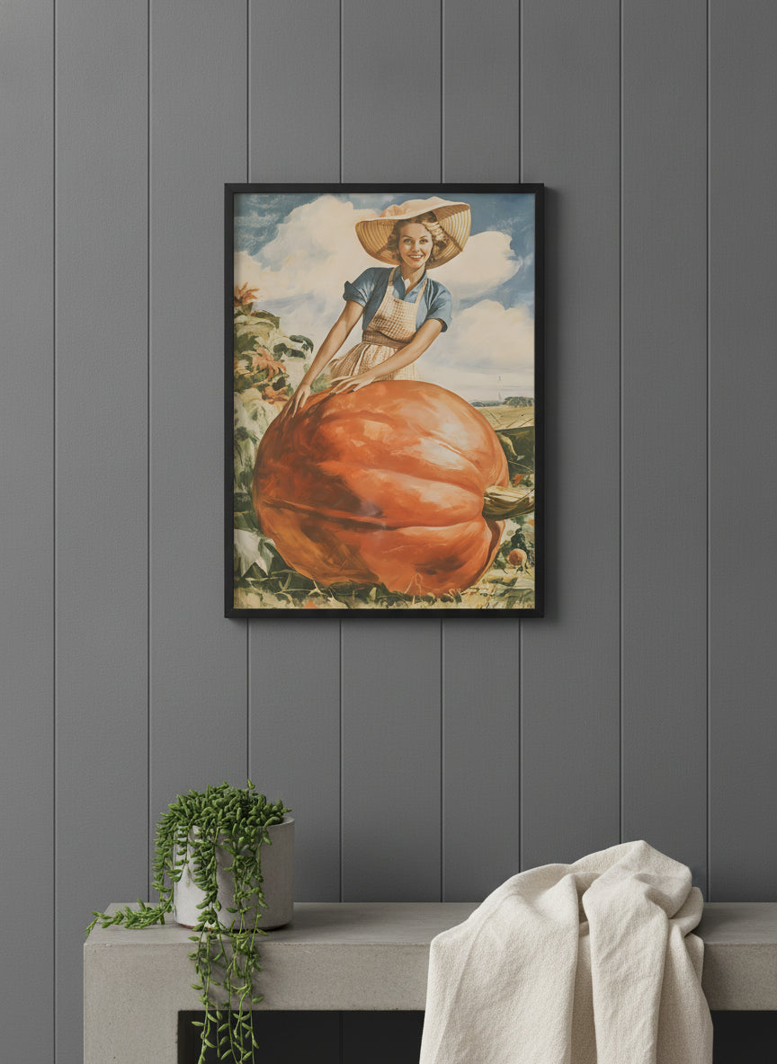 Vintage Farmwoman Giant Pumpkin Art art print shown in a charcoal minimal black setting
