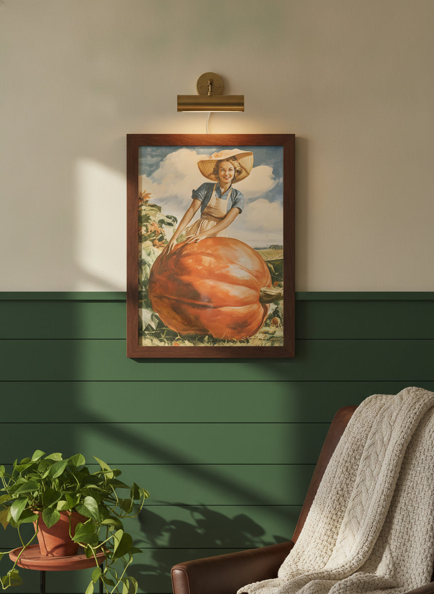 Vintage Farmwoman Giant Pumpkin Art art print shown in a forest green walnut setting