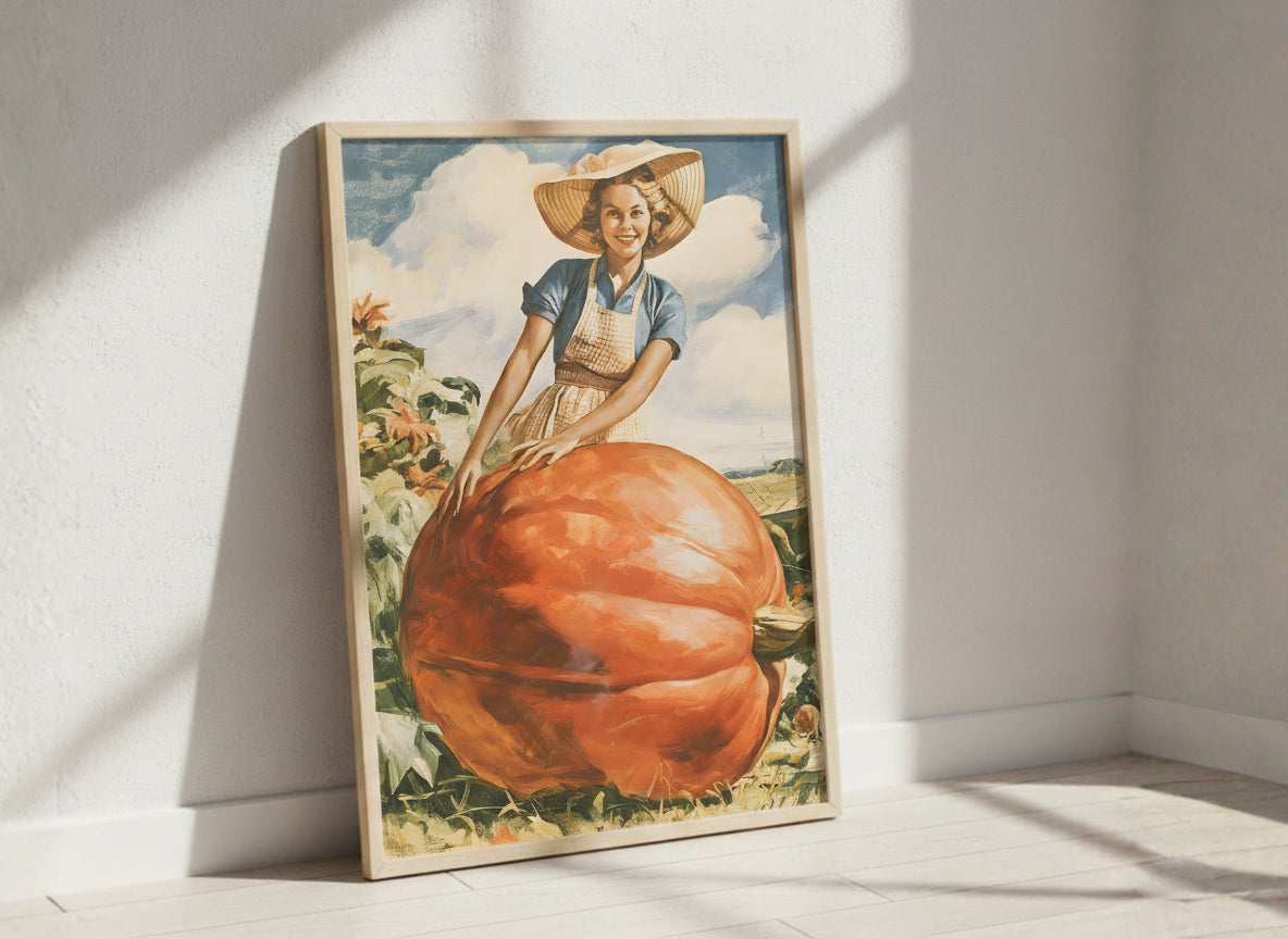 Vintage Farmwoman Giant Pumpkin Art art print
