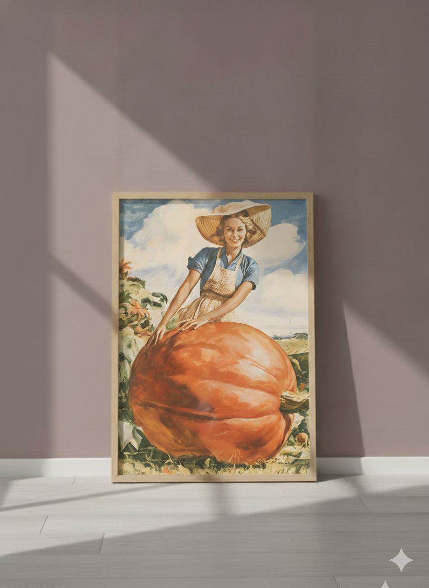 Vintage Farmwoman Giant Pumpkin Art art print shown in a purple setting