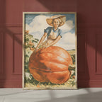 Vintage Farmwoman Giant Pumpkin Art art print shown in a red setting