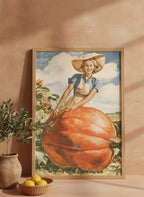 Vintage Farmwoman Giant Pumpkin Art art print shown in a terracotta rustic setting