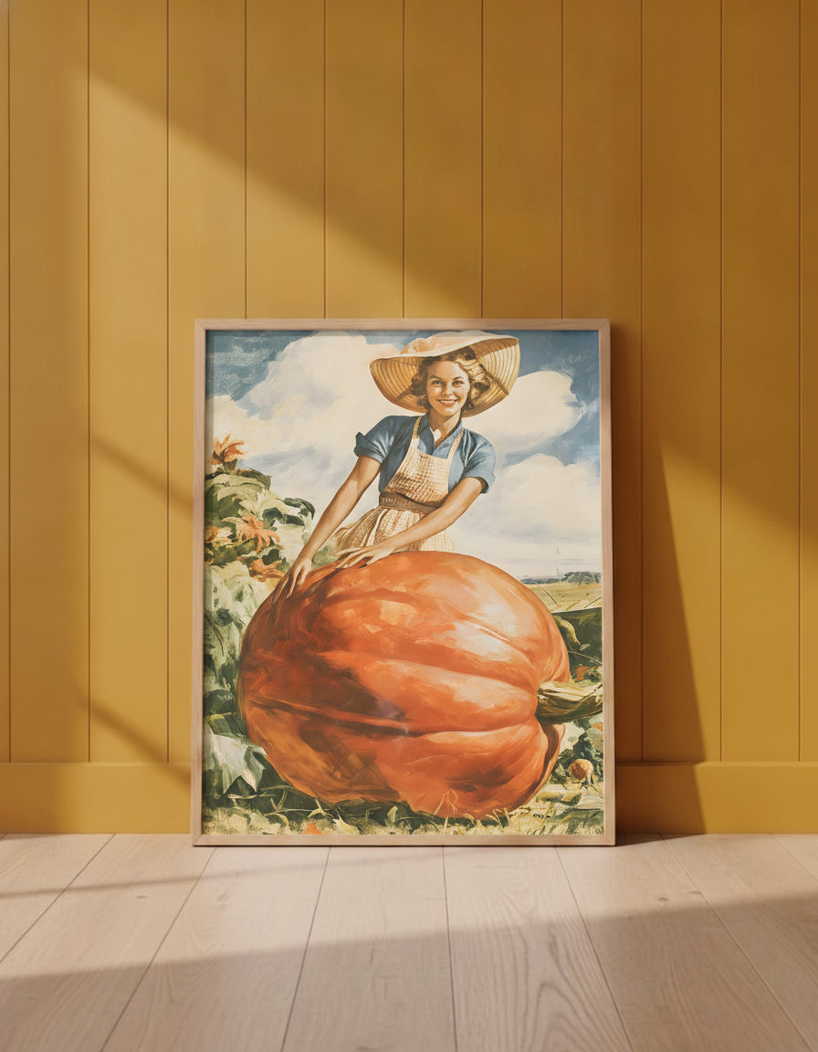 Vintage Farmwoman Giant Pumpkin Art art print shown in a yellow wall setting