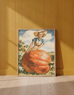 Vintage Farmwoman Giant Pumpkin Art art print shown in a yellow wall setting