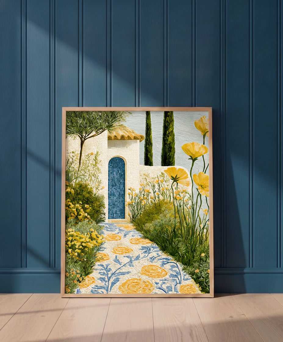 Mediterranean Mosaic Garden Art art print shown in a blue 1 setting