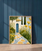 Mediterranean Mosaic Garden Art art print shown in a blue 1 setting