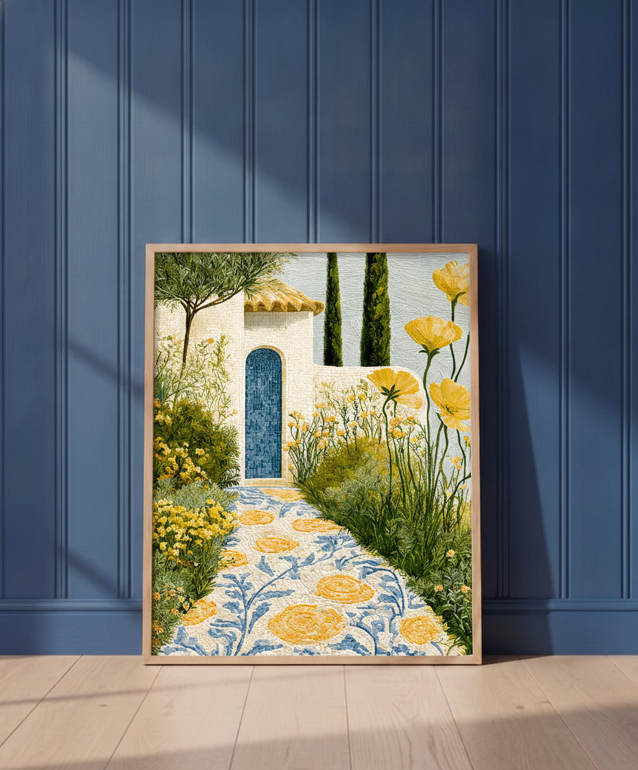 Mediterranean Mosaic Garden Art art print shown in a blue wall paneled setting
