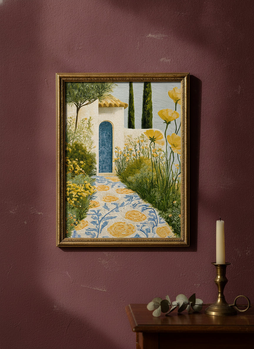 Mediterranean Mosaic Garden Art art print shown in a burgundy brass setting