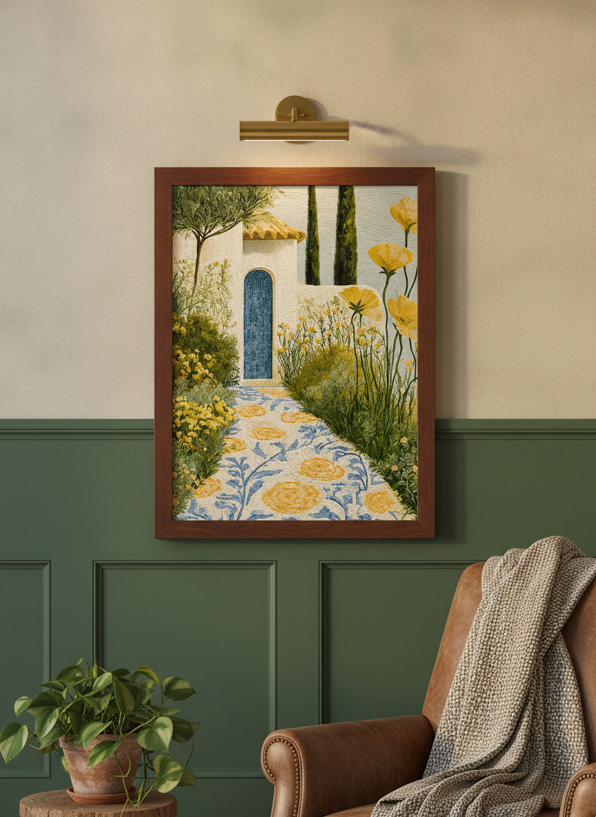 Mediterranean Mosaic Garden Art art print shown in a forest green walnut setting