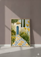 Mediterranean Mosaic Garden Art art print shown in a purple setting