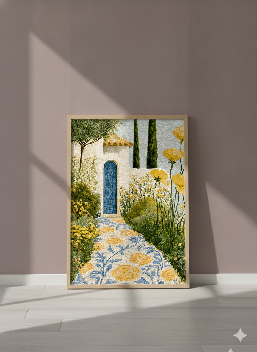 Mediterranean Mosaic Garden Art art print shown in a purple setting