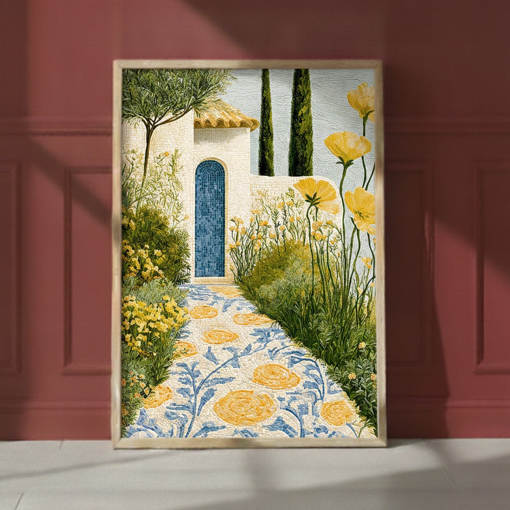 Mediterranean Mosaic Garden Art art print shown in a red setting