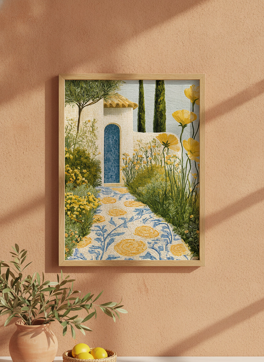 Mediterranean Mosaic Garden Art art print shown in a terracotta rustic setting