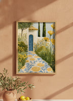 Mediterranean Mosaic Garden Art art print shown in a terracotta rustic setting