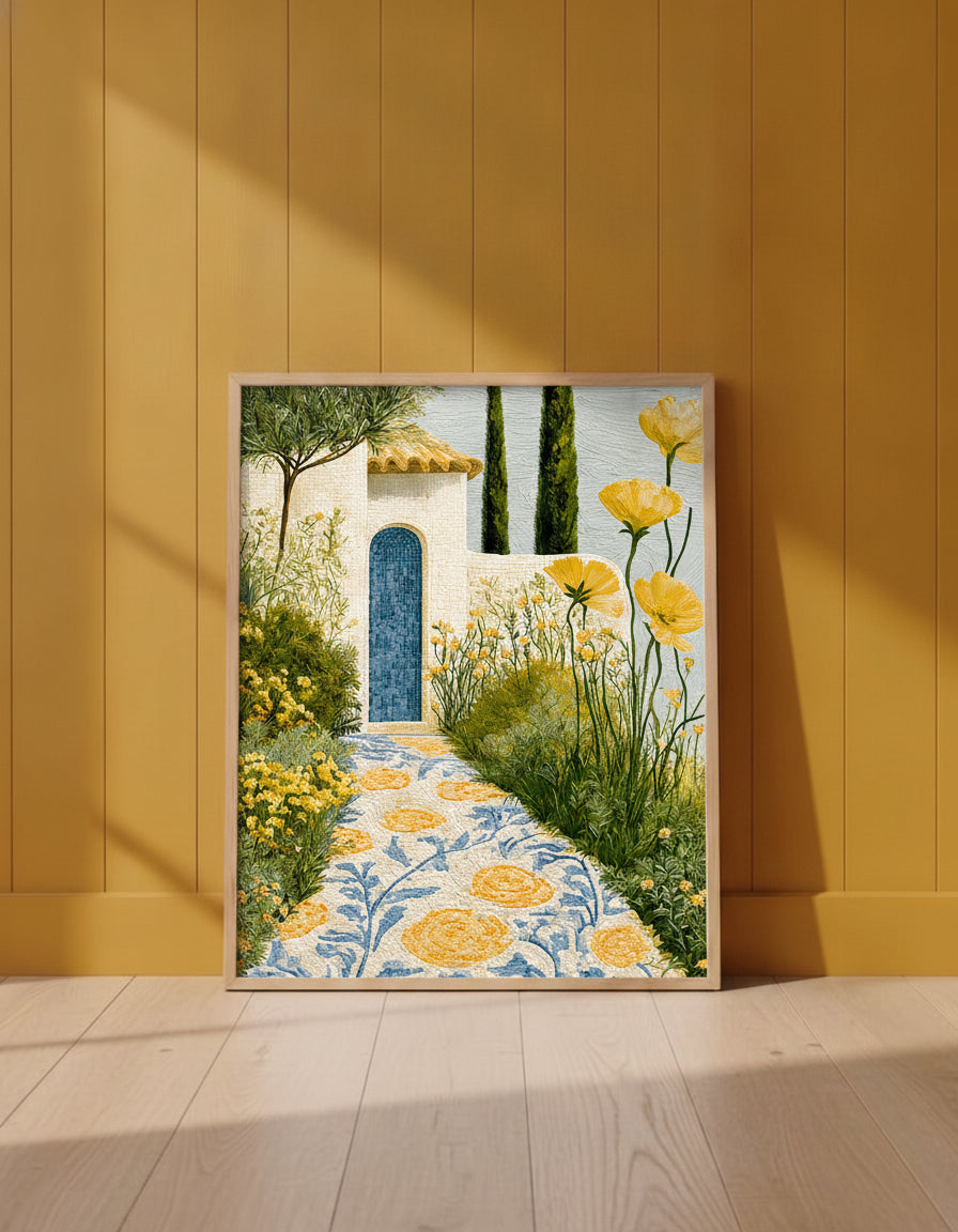 Mediterranean Mosaic Garden Art art print shown in a yellow wall setting