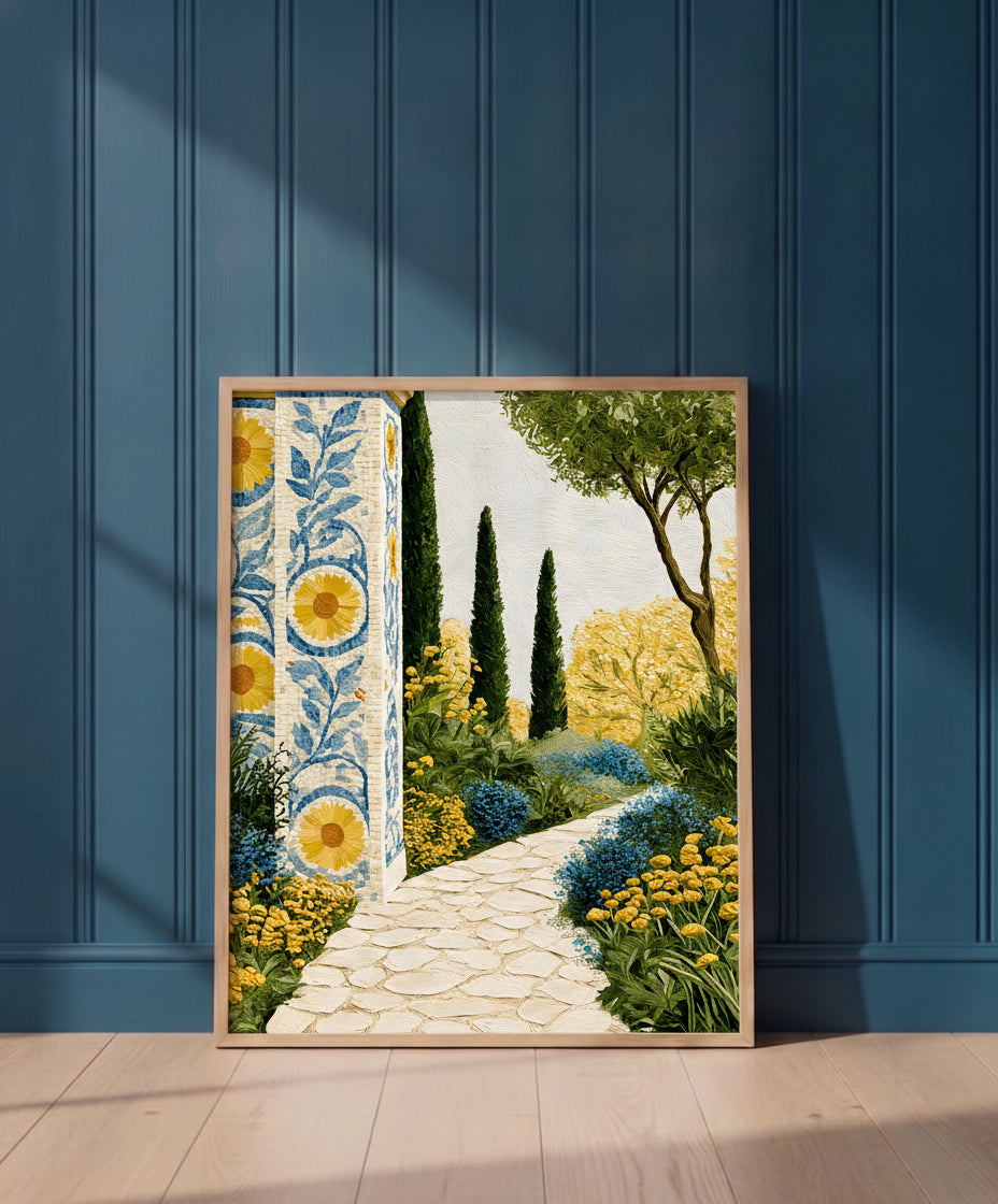 Mediterranean Garden Mosaic Art art print shown in a blue 1 setting