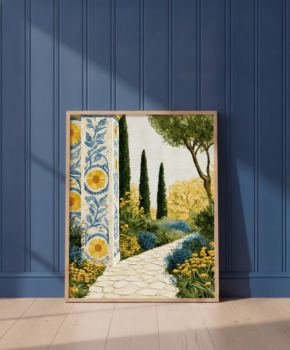 Mediterranean Garden Mosaic Art art print shown in a blue wall paneled setting