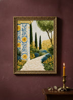 Mediterranean Garden Mosaic Art art print shown in a burgundy brass setting