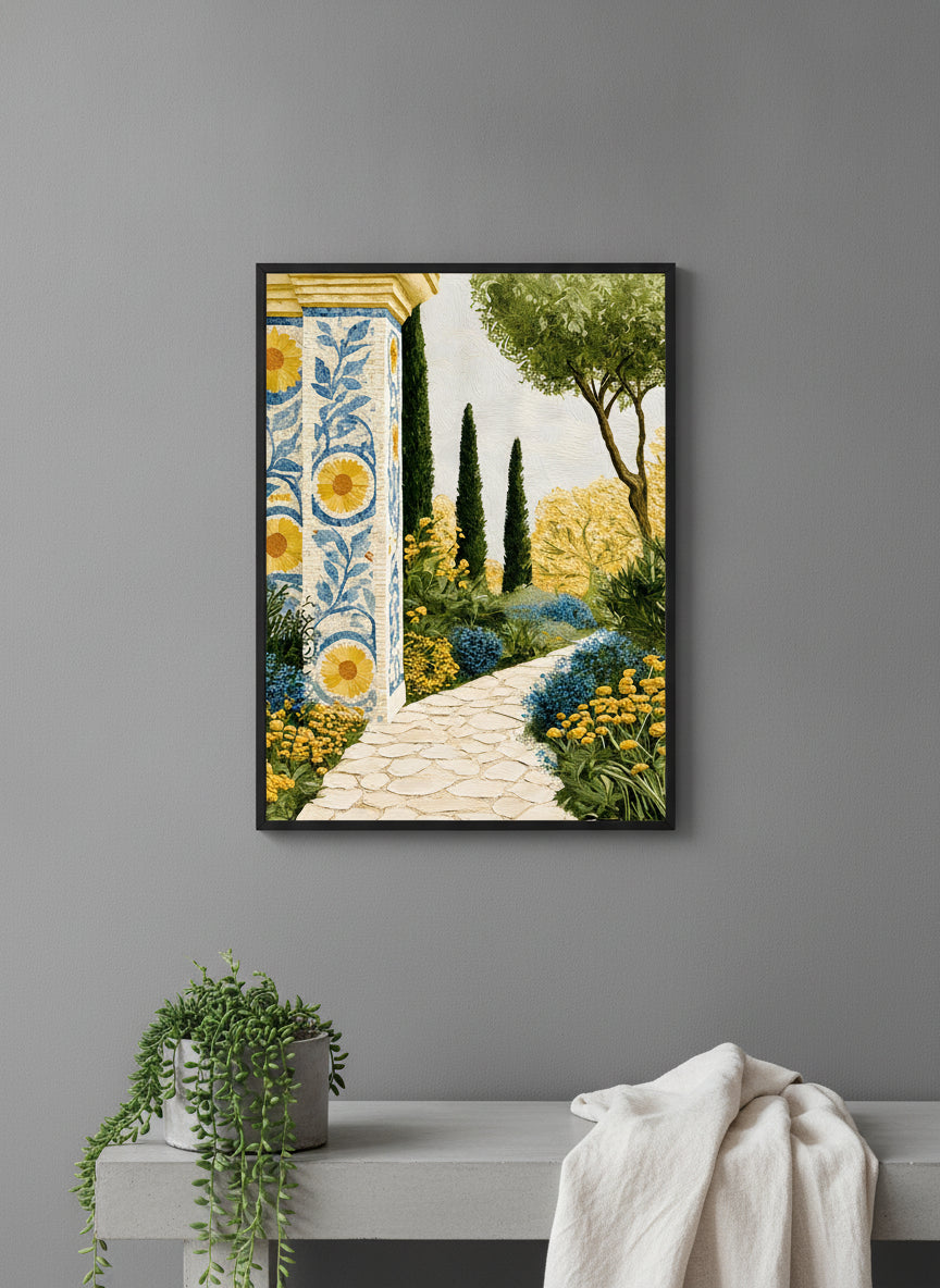 Mediterranean Garden Mosaic Art art print shown in a charcoal minimal black setting