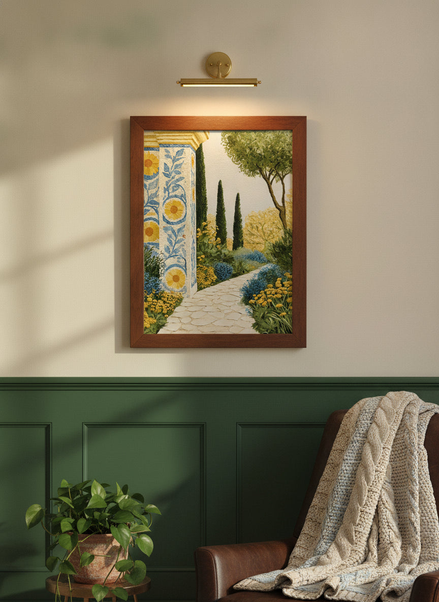 Mediterranean Garden Mosaic Art art print shown in a forest green walnut setting