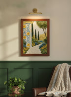 Mediterranean Garden Mosaic Art art print shown in a forest green walnut setting
