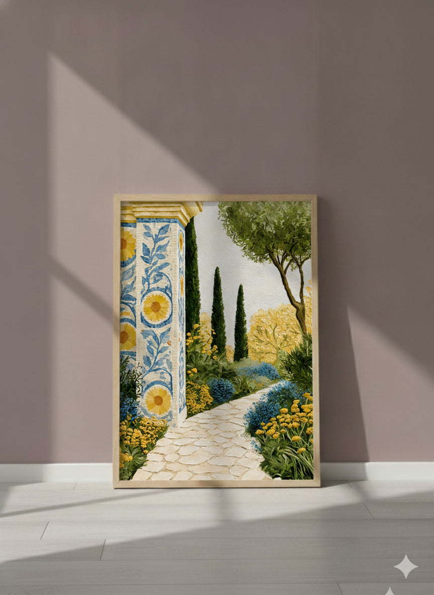 Mediterranean Garden Mosaic Art art print shown in a purple setting
