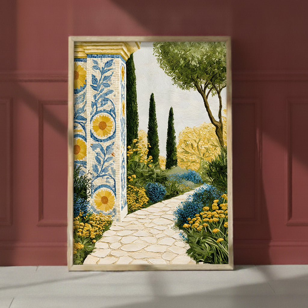 Mediterranean Garden Mosaic Art art print shown in a red setting