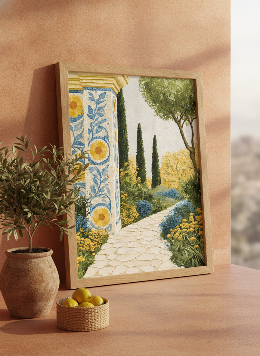Mediterranean Garden Mosaic Art art print shown in a terracotta rustic setting