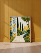 Mediterranean Garden Mosaic Art art print shown in a yellow wall setting