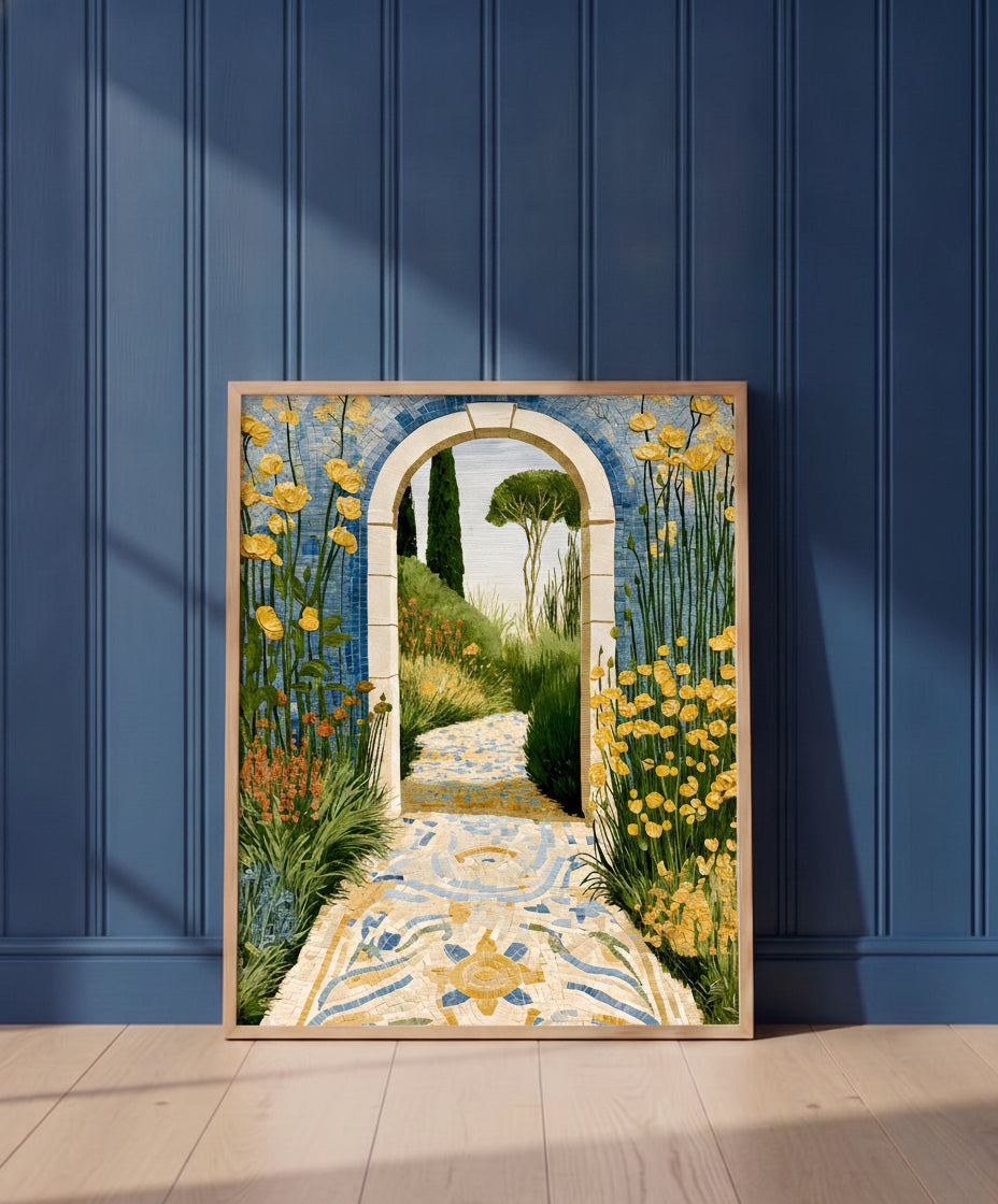 Mediterranean Garden Archway Art art print shown in a blue wall paneled setting