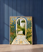 Mediterranean Garden Archway Art art print shown in a blue wall paneled setting