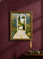 Mediterranean Garden Archway Art art print shown in a burgundy brass setting