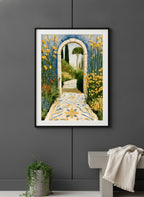Mediterranean Garden Archway Art art print shown in a charcoal minimal black setting