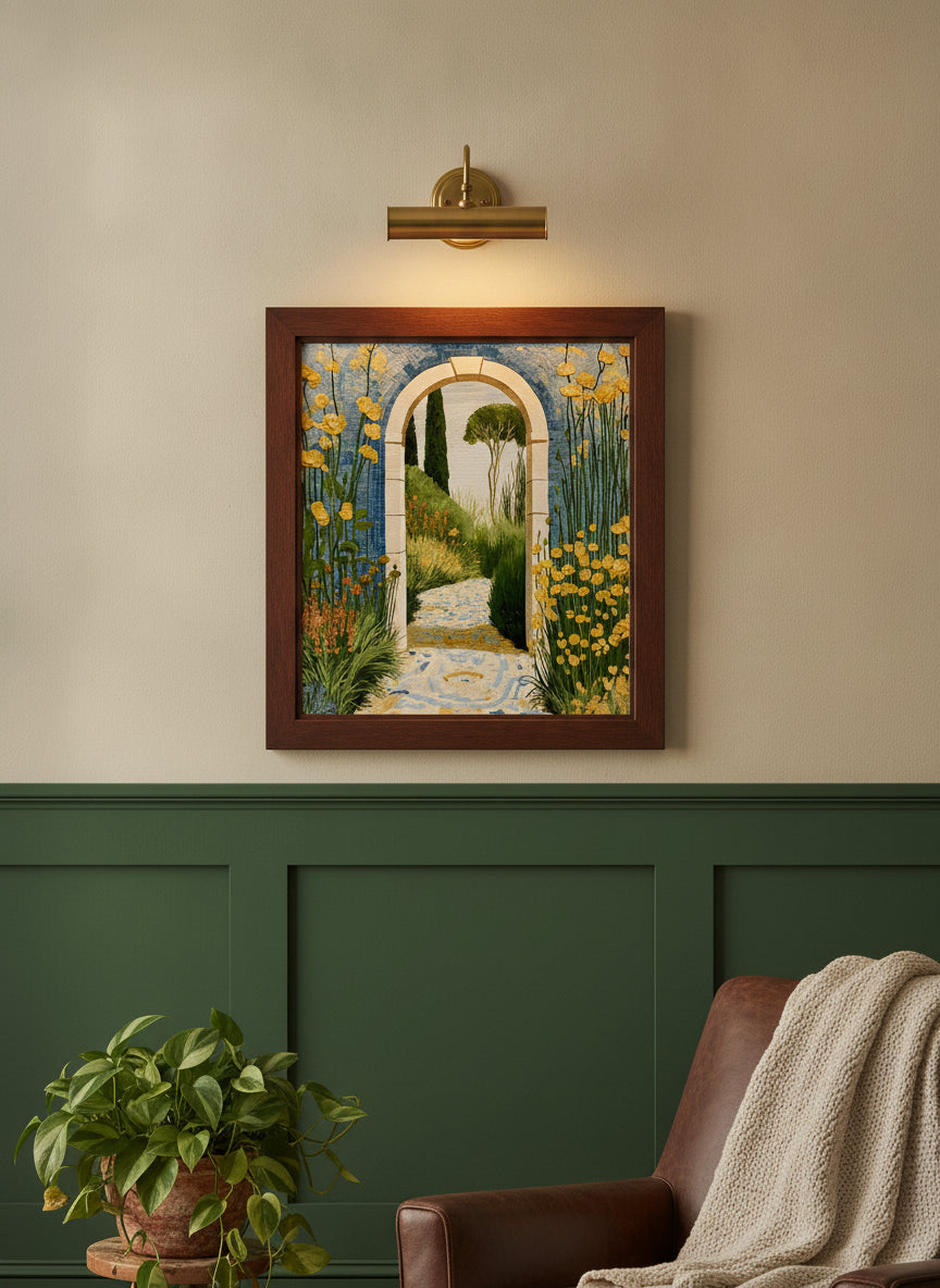 Mediterranean Garden Archway Art art print shown in a forest green walnut setting