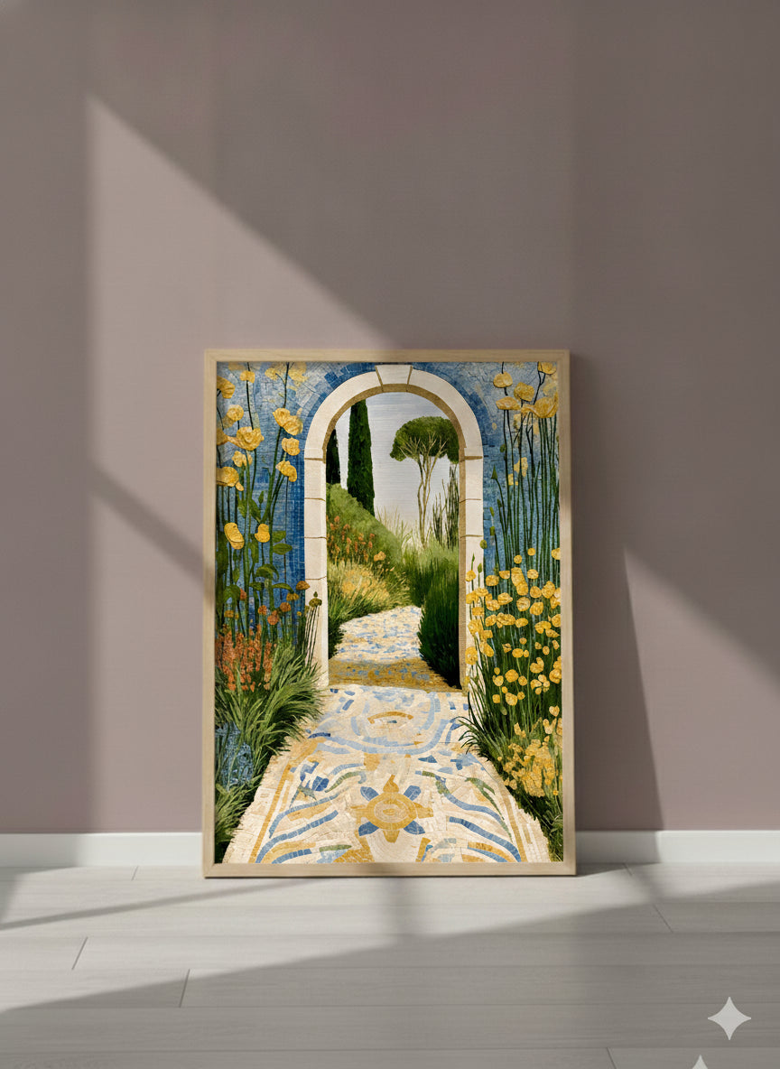 Mediterranean Garden Archway Art art print shown in a purple setting