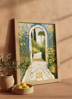 Mediterranean Garden Archway Art art print shown in a terracotta rustic setting