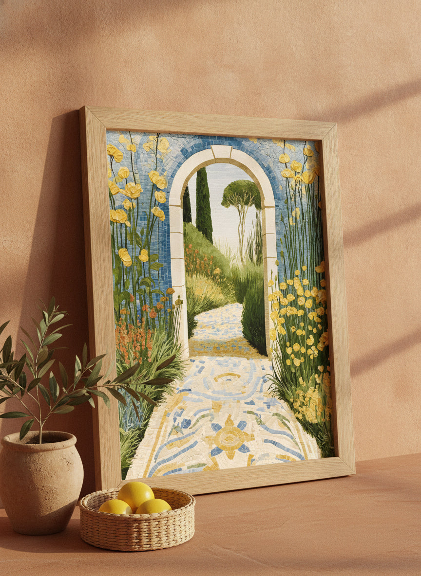 Mediterranean Garden Archway Art art print shown in a terracotta rustic setting
