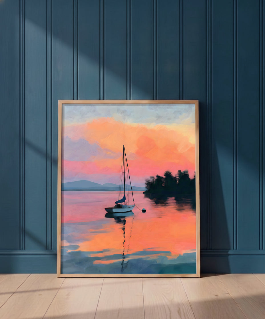 Sailboat Sunset Lake Art art print shown in a blue 1 setting