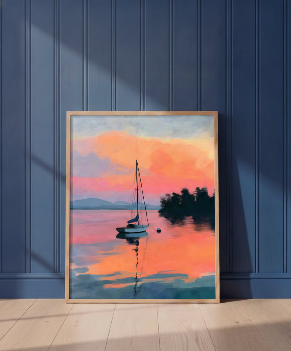Sailboat Sunset Lake Art art print shown in a blue wall paneled setting
