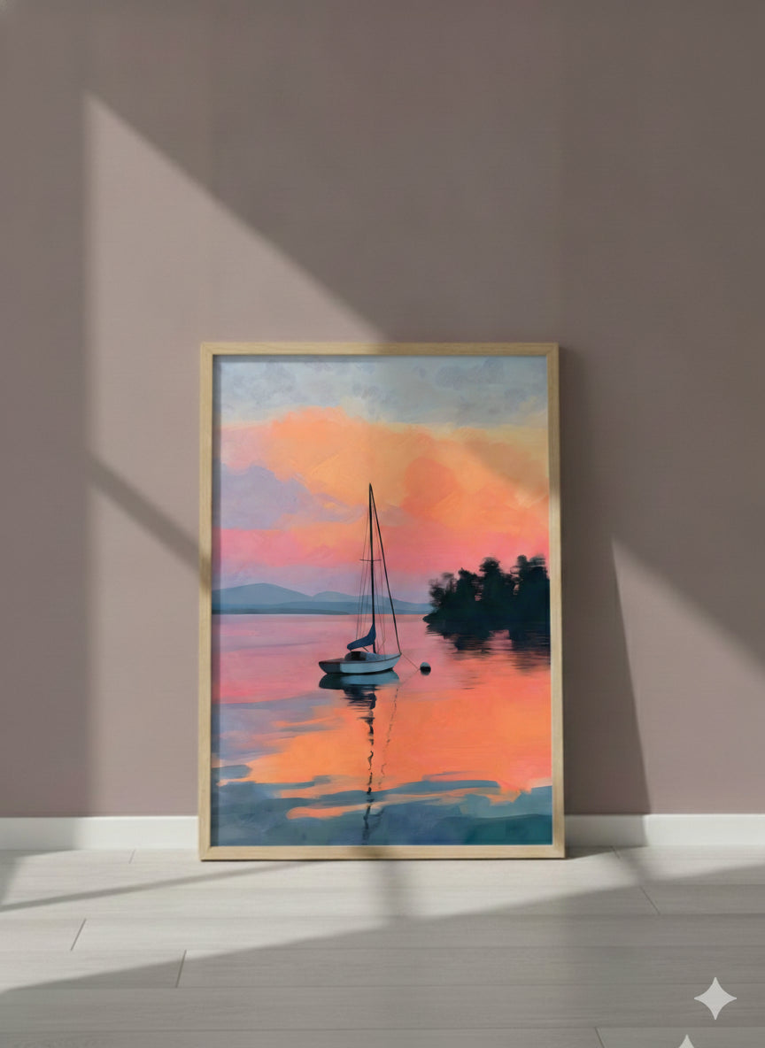 Sailboat Sunset Lake Art art print shown in a purple setting