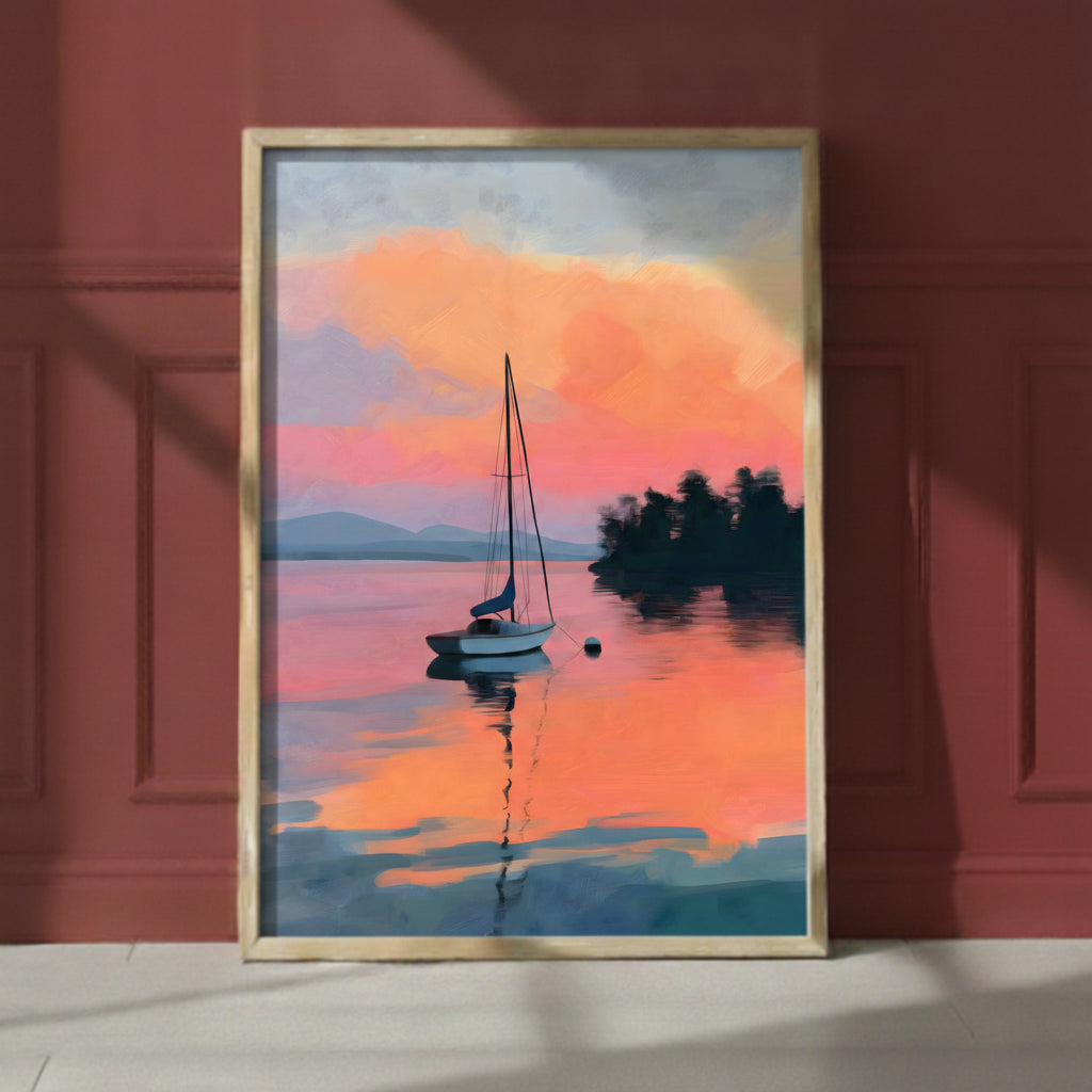 Sailboat Sunset Lake Art art print shown in a red setting