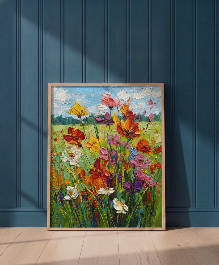 Wildflower Meadow Impasto Art art print shown in a blue 1 setting
