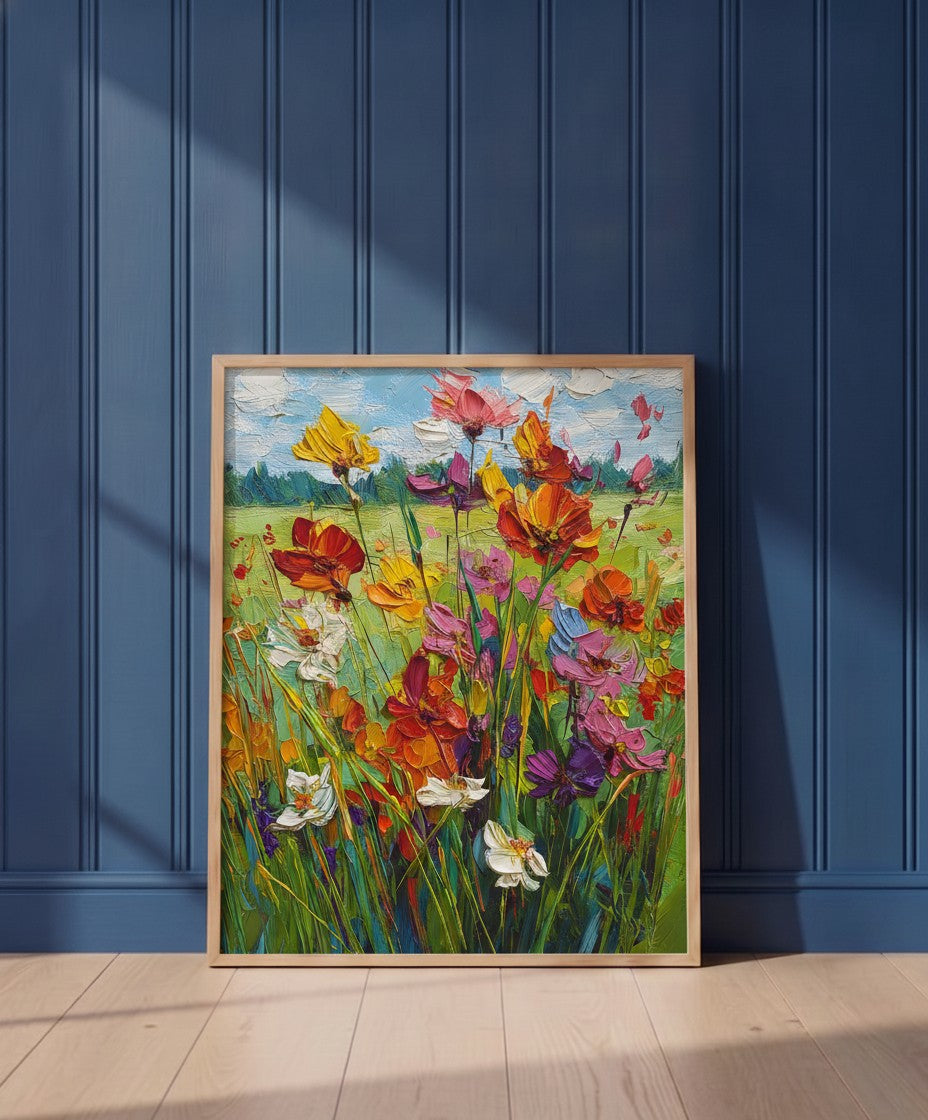 Wildflower Meadow Impasto Art art print shown in a blue wall paneled setting