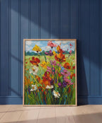 Wildflower Meadow Impasto Art art print shown in a blue wall paneled setting